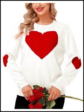 Women's Cute Heart Sweater Long Sleeve Crew Neck Ribbed Knit Pullover